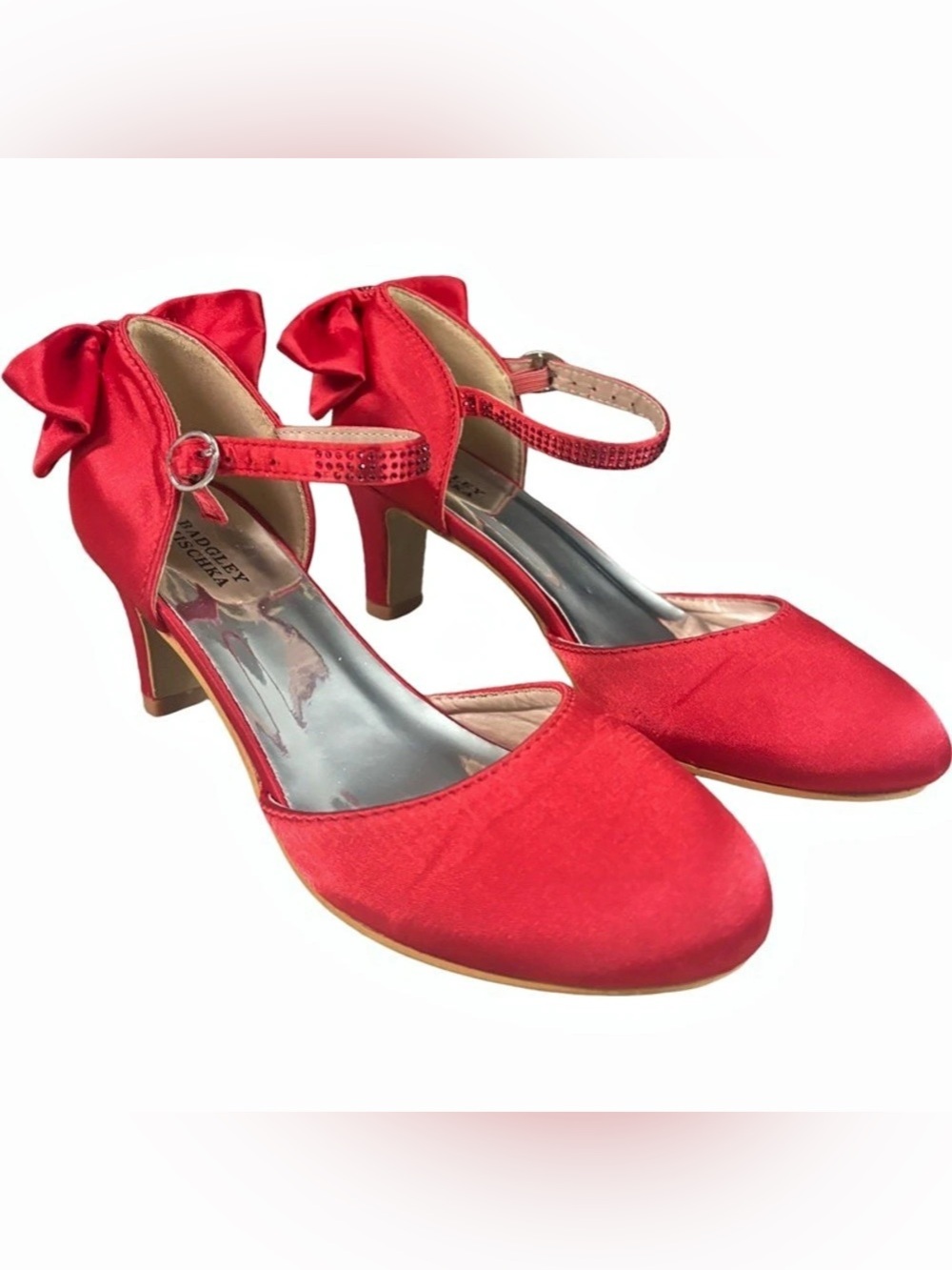 Badgley Mischka Blaze Satin Bow Stilettos Red Bow Ankle Strap Heels US 4